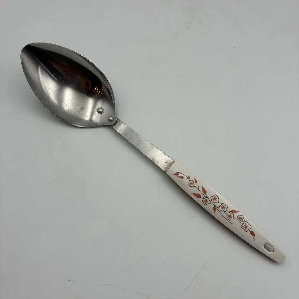 Vintage Stainless Steel Serving Spoon Floral Handle Japan Mid Century 12.5in